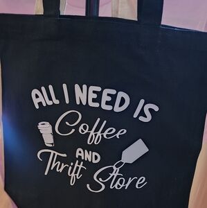 Black Tote Bag with Fun Coffee and Thrift Store Print